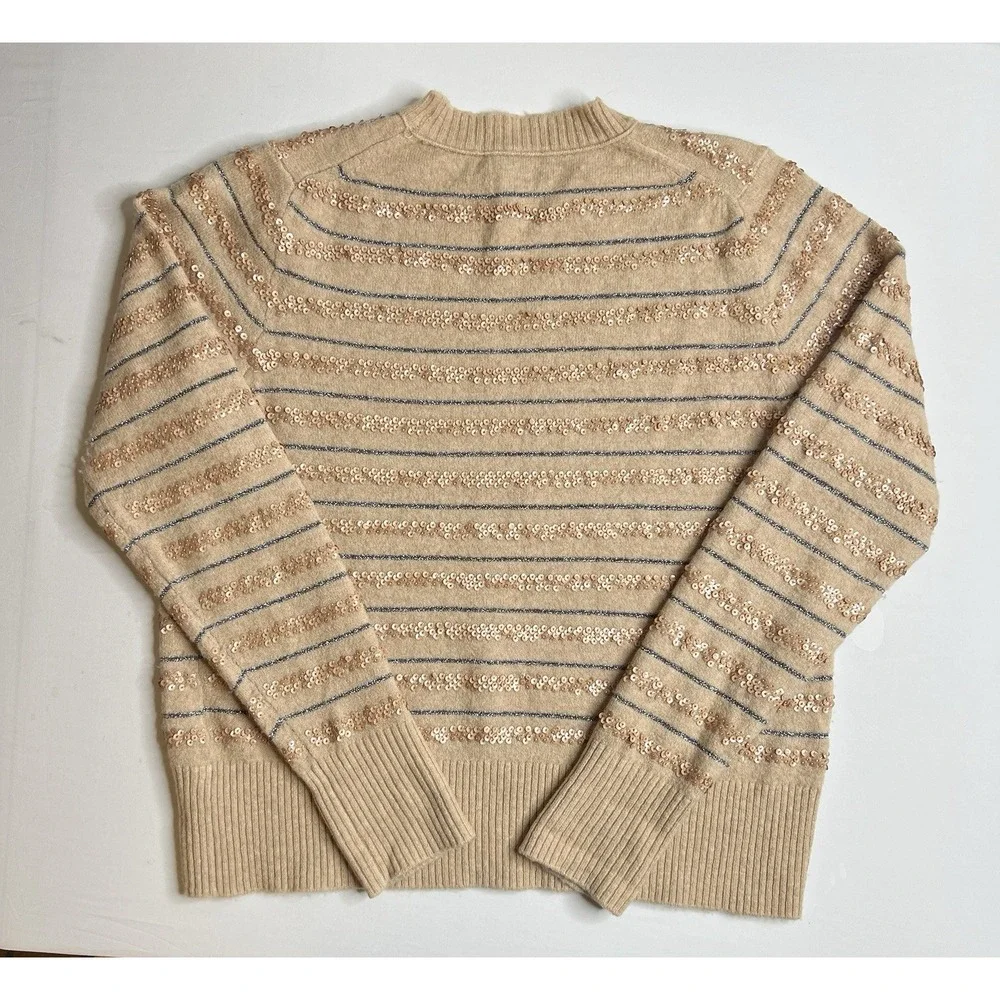 J CREW Soft Retro Beige Silver Metallic Gold Sequin Stripe Knit Sweater Sz LARGE